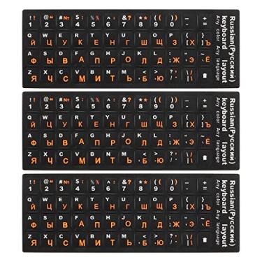 Imagem de 3 adesivos de teclado russo para PC fundo preto letras brancas laranja para computador, laptop, notebook, desktop
