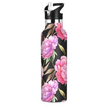 Imagem de Joisal Garrafas de água vintage rosa peônias florais roxas com tampa de canudo garrafa de água de aço inoxidável isolada para crianças meninas 590 ml livre de BPA copo a vácuo de parede dupla copo de