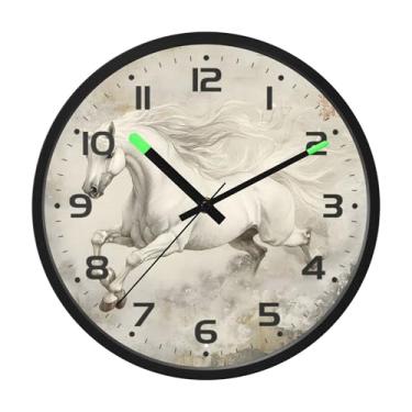 Imagem de SEHANY Relógio de parede artístico majestoso cavalos silencioso, sem tique-taque, relógio redondo operado por bateria, controle de som, luz noturna, relógios de parede para sala de estar, cozinha