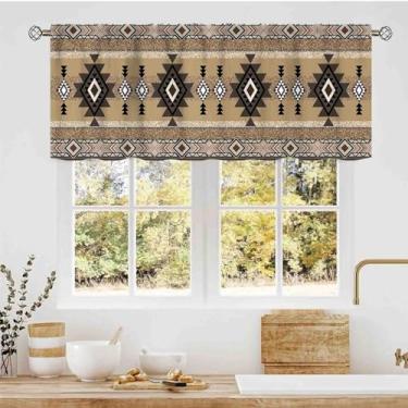 Imagem de Cortinas de cozinha asteca, sudoeste Natvie tribal americano étnico ocidental abstrato geométrico vintage marrom bolso para varão pequena janela sanefa para café, sala de estar, quarto, armário