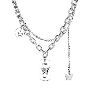 Imagem de Blowin Conjunto de colares gargantilhas em camadas delicadas I Love You, pingente de borboleta, corrente ajustável em camadas de aço inoxidável para mulheres e meninas