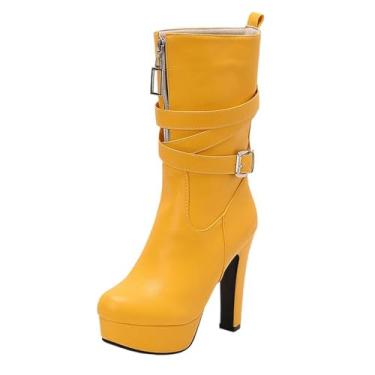 Imagem de Botas femininas de inverno sólidas bico redondo com zíper frontal à prova d'água salto alto cano médio, Amarelo, 34