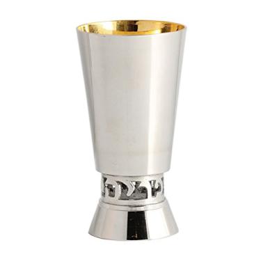 Imagem de Zion Judaica Shabat com pés de latão Kiddush Cup 142 g esculpido com bênção parcial de vinho copo de vinho de haste polida para Rosh Hashaná Shabbos Páscoa Seder casamento judaico