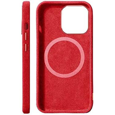 Imagem de BKUANE Capa de telefone traseira totalmente embrulhada luxuosa, capa para Apple iPhone 14 Plus feita de material Alcantara 6,7 polegadas 2022 [carregamento sem fio] (cor: vermelho)
