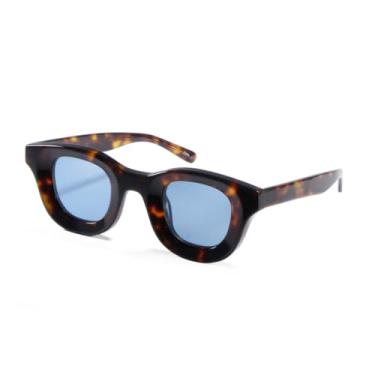 Imagem de HCPIHF Óculos de sol vintage artesanais de acetato, masculino, UV400, feminino, redondo, armação grossa e ousada (azul demi)