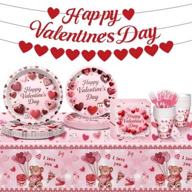 Imagem de 122 PCS Valentine‘s Day Party Supplies, Disposable Tableware Set Include Valentine’s Day Plates and Napkins, Cups, Forks, Banner and Tablecloth for Valentine's Day Party Decorations , Serve 24