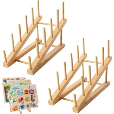 Imagem de GIKIMO Rack de armazenamento de quebra-cabeça de madeira, 2 peças, suporte de quebra-cabeça, prateleira organizadora para adultos amantes da coleção de artesanato