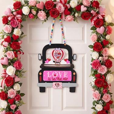 Imagem de Geelin Sinal de madeira de dia dos namorados para pendurar na porta da frente, sinal de caminhão 3D, colorido, fazenda, sazonal, para casa, interior, exterior, parede, janela, decoração de loja