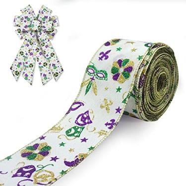 Imagem de ALIBBON Fita de tecido Mardi Gras 6 cm x 10 metros com borda com fio máscara de glitter coroa estrela fita para grinaldas carnaval baile de máscaras faça você mesmo artesanato presentes decoração de
