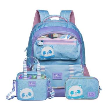 Imagem de Kit Mochila Costas Panda Escola Holográfico Lancheira Estojo Cor:Azul,