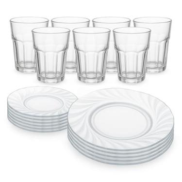 Imagem de Kit de Pratos de Fundo e Copos de Vidro Premium - Copo 360ml para Refeições Diárias, Mesa Posta Doméstica e Eventos Práticos (Kit 24 (12 Pratos + 12 Copos))
