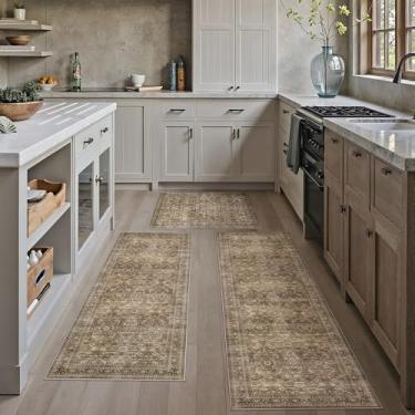 Imagem de HUGEAR Conjunto de tapetes de cozinha marrons de 3 peças 51 x 81 x 122 x 122 x 148 cm, retrô, floral, entrada lavável, tapetes de cozinha, tapetes antiderrapantes para corredor, lavanderia, pia e