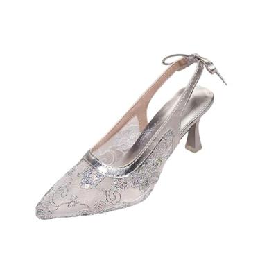 Imagem de Sandálias femininas de verão com bico fino e salto fino, com estilo de malha e alça para uso casual, Prata, 34