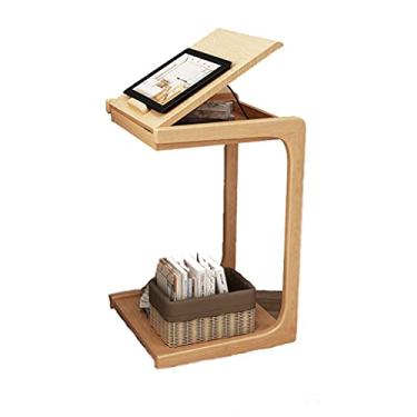 Imagem de U5GAAALPPQ9 Mesa de centro, mesa de café, mesa lateral de sofá em forma de C, mesa de lanche móvel com rodas de freio, mesa de cabeceira para sofá com armazenamento de 2 camadas, cor nogueira, mesa