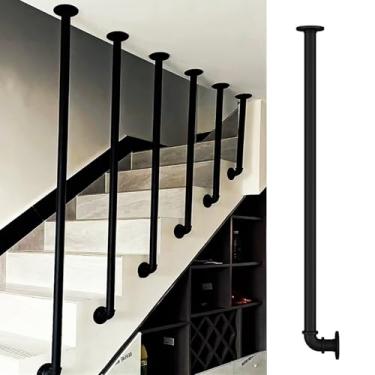 Imagem de DKXCOSQ Corrimão de escada industrial de metal preto tipo L corrimão de escada de tubo redondo para degraus internos e externos montado no teto corrimão de balaustrada antiderrapante (30 cm)