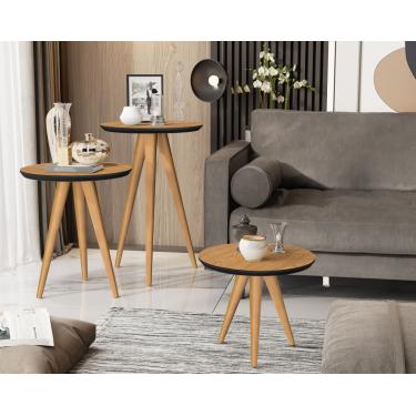 Imagem de Kit 3 Mesas Lateral Apoio e Centro 40cm Pés Palito Freijó / Preto - Comprar Moveis em Casa