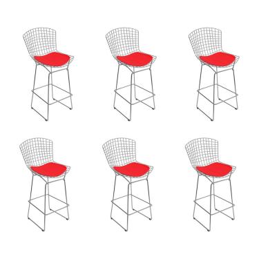 Imagem de Kit 6 Banquetas Bistrô Bertoia Cromada D70 Com Assento Sintético Vermelho