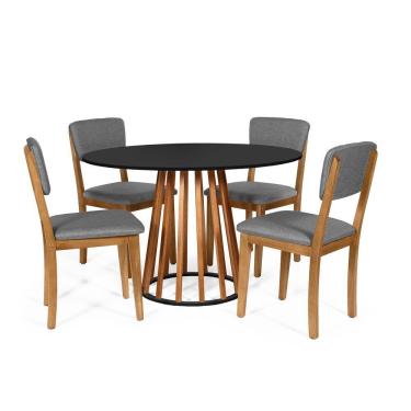 Imagem de Mesa De Jantar Redonda Gabi Nat/pret Com 4 Cadeiras Estofadas Ella Cinza Escuro