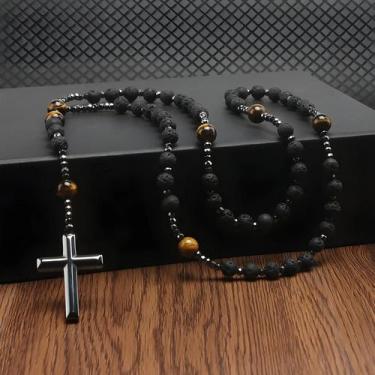 Imagem de Colar Longo Masculino Com Pingente De Cruz Em Hematita, Contas De Pedr