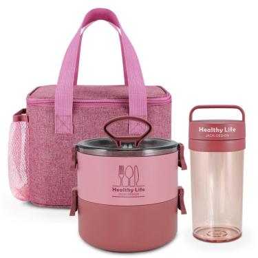 Imagem de Kit Bolsa Térmica Pote Marmita De 2 Andares 1600ml E Garrafa - Jacki Design Rosa