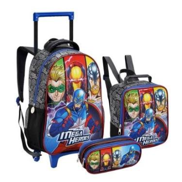 Imagem de Kit Mochila Rodinhas Lancheira Estojo Heróis Mega Infantil Escolar Menino Seanite-Masculino