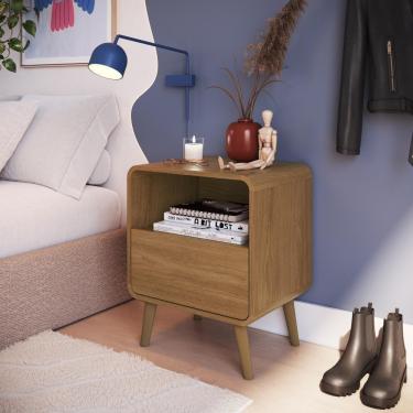 Imagem de Mesa De Cabeceira Canto Curvo Com Nicho 01 Gaveta E Pés Palito Retrô Carvalho Xingu