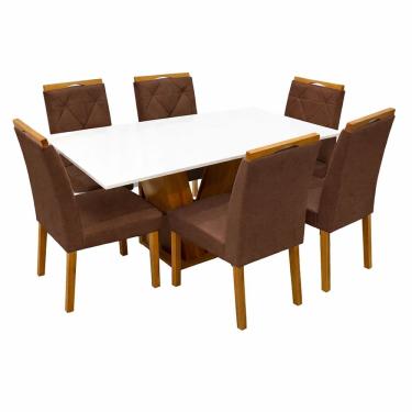 Imagem de Mesa de Jantar Classic 160x80cm com Vidro e 6 Cadeiras California em Veludo Estofadas Cel Móveis Cor Cinamomo Off White com Tecido Marrom