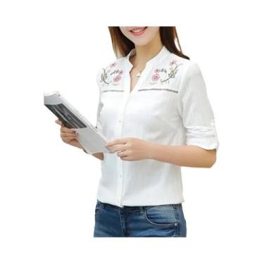 Imagem de Blusa Feminina Branca com Bordado Floral - Manga Longa - Estilo Casual