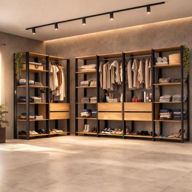 Imagem de Guarda-roupa Closet Modulado Texas 6 Gavetas 405cm Multimóveis Mp4788 Preto/madeirado