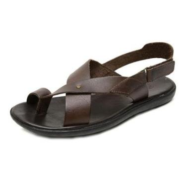 Imagem de Sandalia Conforto Masculina Couro Fecho Tira Autocolante Solado Costurado Palmilha EVA...
