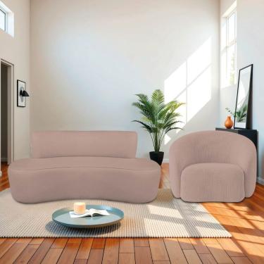 Imagem de Kit Sofá Recamier Amsterdã 3 Lugares 180cm Rosê Linho com Poltrona Amore para Sala Elegante