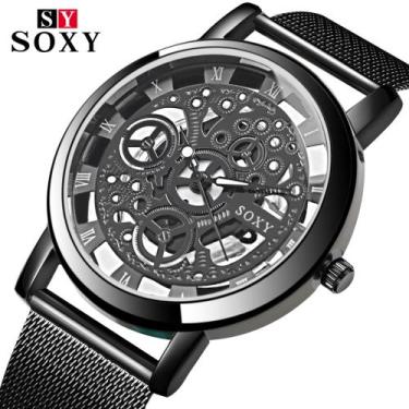Imagem de Relógio Feminino Skeleton Luxo Pulseira Silicone de Aço Estojo - Soxy,
