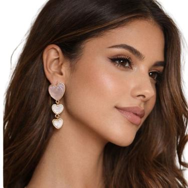 Imagem de Brinco Feminino Coração Triplo Longo Elegante Luxo Festa