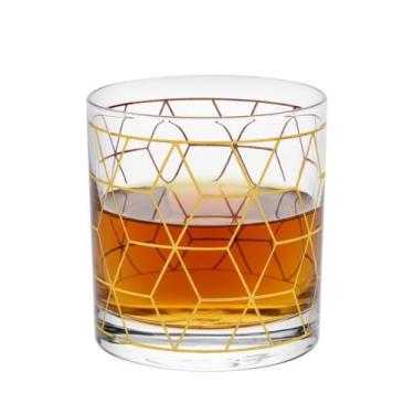 Imagem de Copo de Whisky Vidro Baixo para Drink Whiskey Uisque Detalhe Dourado C