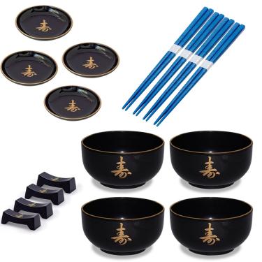 Imagem de Kit Oriental Japonês p/ 4 Pessoas Com Bowls Tigela Preta