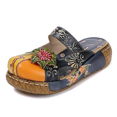 Imagem de TangDao Chinelo feminino de couro colorido, vintage, moderno, floral, com flores, estilo boho, plataforma, sem costas nuas para mulheres, Azul escuro, 6.5