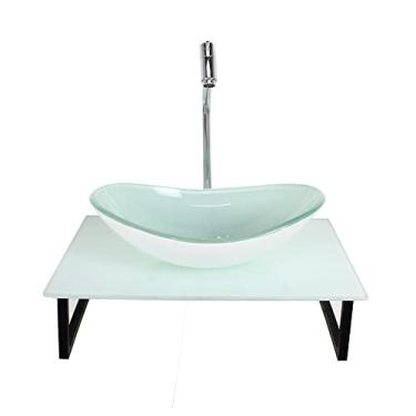 Imagem de KIT CUBA DE VIDRO OVAL 10MM TAMPO 50CM BRANCO FULL COM SUPORTE TORNEIRA VALVULA