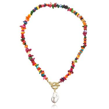 Imagem de IDOKAWA Colar de pedra colorida para mulheres, colar com pingente de pérola de peras barrocas para verão versátil estilo boêmio joias presentes para meninas, Liga metálica, Pérola