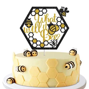 Imagem de What Will it Bee Cake Topper, Baby Shower, Gender Reveal, Bumble Bee Themed Party Decor Decoration Supplies Photo Booth Props - Black & Gold Glitter