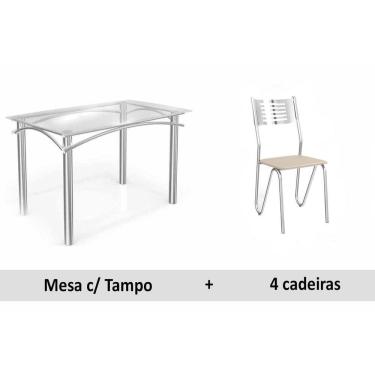 Imagem de Conjunto: Mesa Sala Jantar Elba c/ Tampo Vidro 140cm + 4 Cadeiras Nápoles Cromado/Courano Nude - Kappesberg