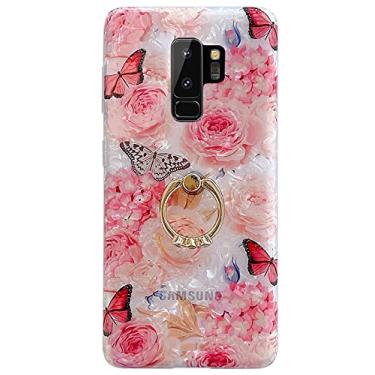 Imagem de SAMTUNK Capa para Galaxy S9 Plus, capa para S9 Plus floral bonita moda para homens, mulheres e meninas com suporte de anel giratório de 360 graus TPU macio capa à prova de choque projetada para Galaxy S9 Plus Rose Butterfly