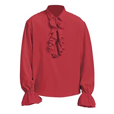 Imagem de Camisa masculina pirata medieval renascentista vitoriana fantasia de vampiro steampunk com babados gótico Halloween tops, Vermelho, GG