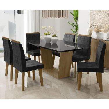 Imagem de Mesa de Jantar Diamante com 6 Cadeiras Cinamomo Black com Aveludado Preto Pés Oblongo - RV Móveis