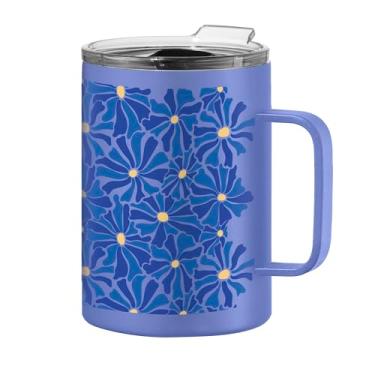 Imagem de OGGI Caneca térmica ThermoMug de aço inoxidável - parede dupla isolada a vácuo com alça e tampa, xícara de café, caneca de acampamento, garrafa térmica de viagem, 420 ml), floral azul