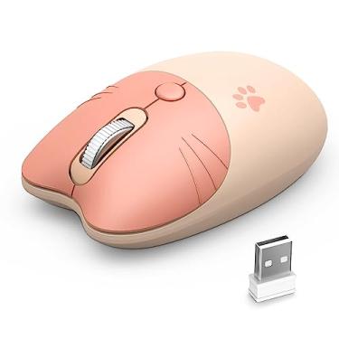 Imagem de Mouse silencioso compacto sem fio com designs fofos de gatos, mouse opático sem fio Plug and Play de 2,4 GHz com nano receptor USB para laptop/PC/computador (gato chá leite)