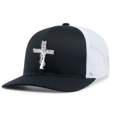 Imagem de Boné masculino cristão árvore cruz bordado malha traseira Trucker Hat, Azul-marinho/branco, Tamanho �nica