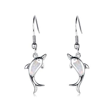 Imagem de Brincos de argola de golfinho fofos banhados a prata esterlina, opala sintética pequena, vida marinha, peixe, animal, pingente, pingente, pingente, piercing de orelha falso, brincos de argola para