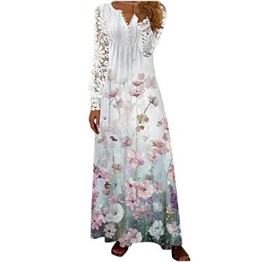 Imagem de Vestidos femininos de renda longa manga bufante vestidos florais para mulheres decote em V plissado maxi vestidos longos de verão 2024, P-282 Roxo, GG