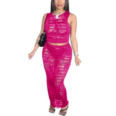 Imagem de Conjunto de 2 peças de saia para mulheres sexy de verão Y2K roupa regata de renda de malha transparente colado ao corpo maxi saia maxi vestido, Vermelho rosa, X-Large