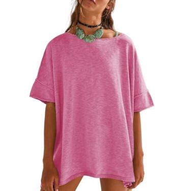 Imagem de Tankaneo Camisetas femininas grandes casuais verão gola redonda solta manga curta fenda lateral blusa blusa tops, Vermelho rosa, G